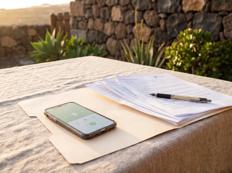 occasion-tenerife-celebrate-01 Smartphone mid-call next to a folder of contracts and a pen on a table in Tenerife