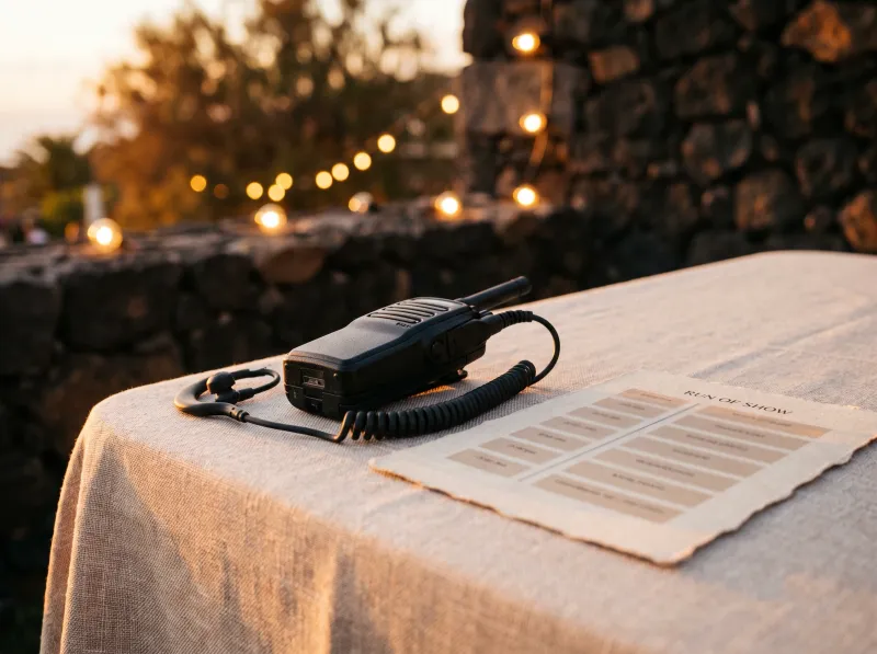 occasion-tenerife-celebrate-02 Two-way radio with earpiece next to a printed run-of-show schedule on a table at sunset in Tenerife