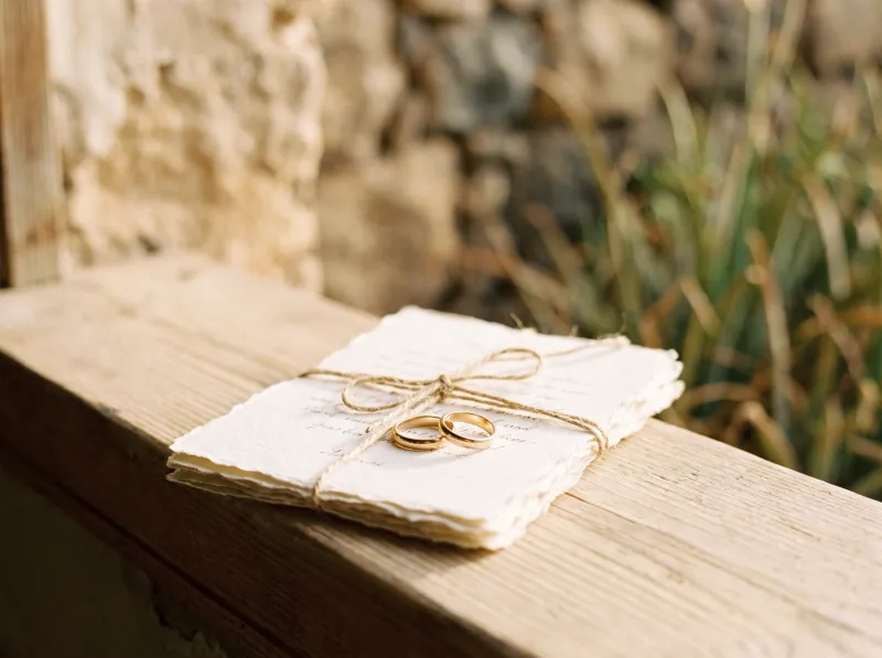 occasion-tenerife-celebrate-03 Two gold wedding rings on handmade paper tied with twine, on a wooden bench in Tenerife