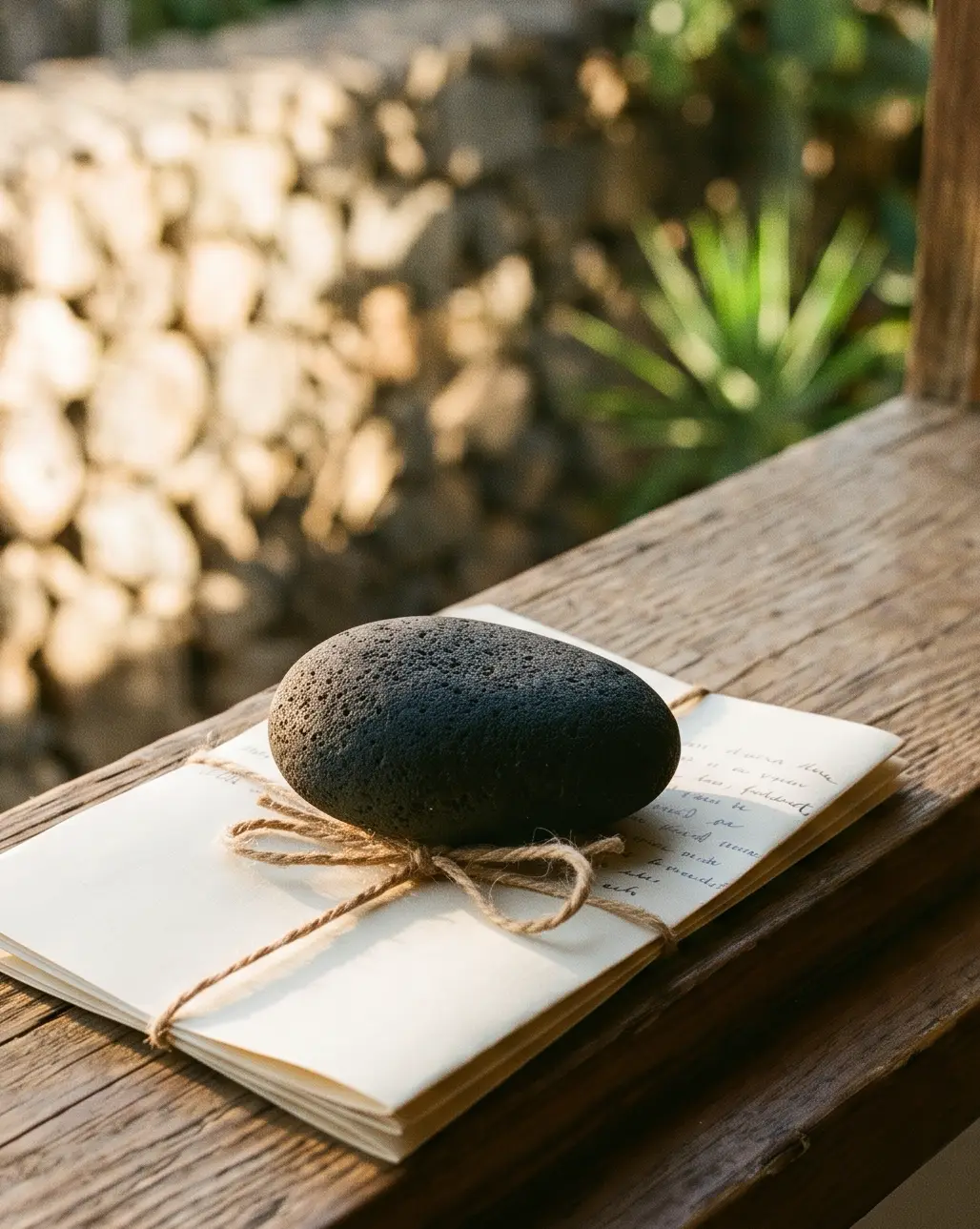 full-wedding-planning-tenerife-02 Volcanic stone resting on tied paper documents on a wooden table, Tenerife