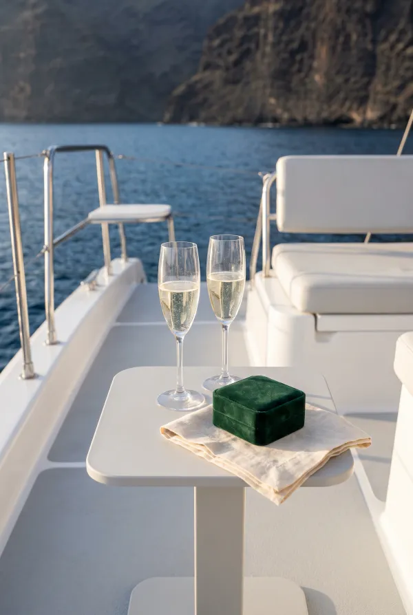 marriage-proposal-tenerife-02 Two champagne glasses and a small green velvet box on the deck of a modern private yacht off the coast of Tenerife